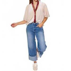 NEW THML split neck contrast placket blouse in cream